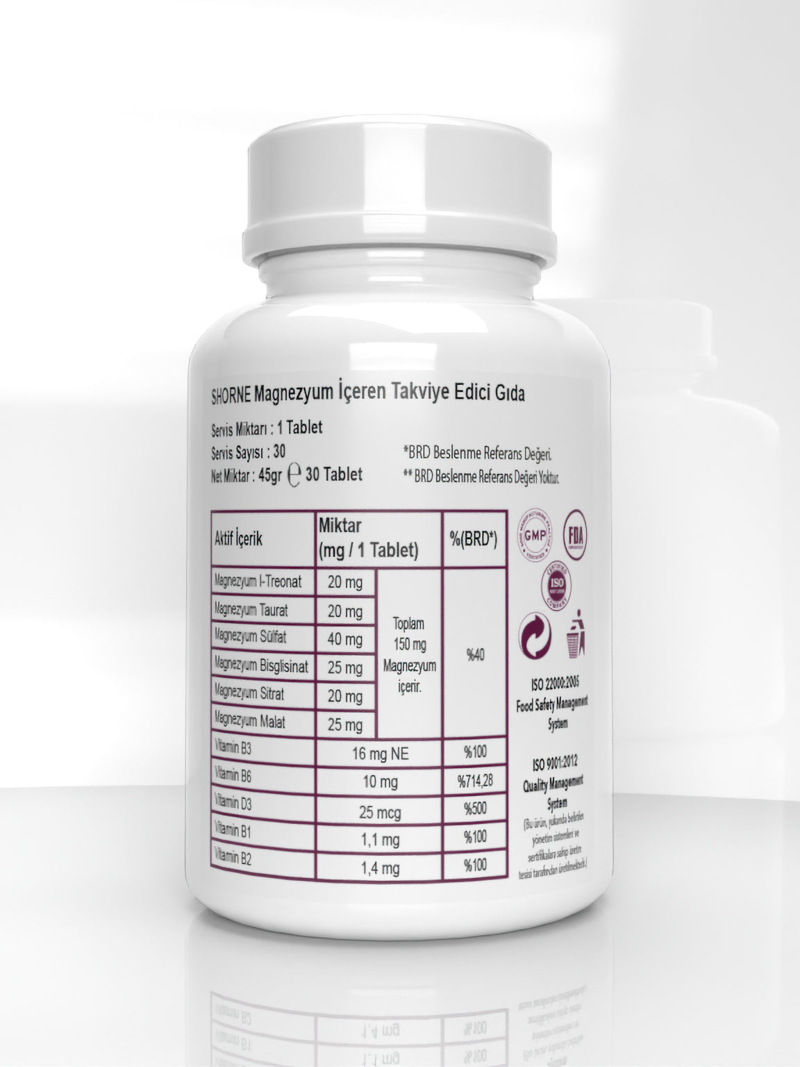 Shorne - Magnezyum Complex 150mg ( Bisglisinat & Malat & Taurat & Treonat & Sülfat & Sitrat )